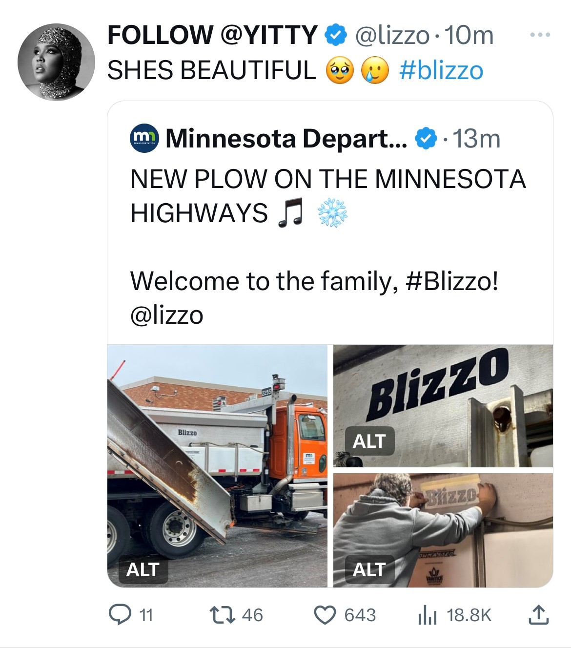 Photo: Screen grab of a Lizzo tweet, which reads "She's beautiful." Lizzo is saying that in reference to the plow.